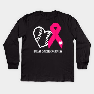 Vintage Cancer Baseball Heart Pink Ribbon Breast Cancer Awareness Kids Long Sleeve T-Shirt